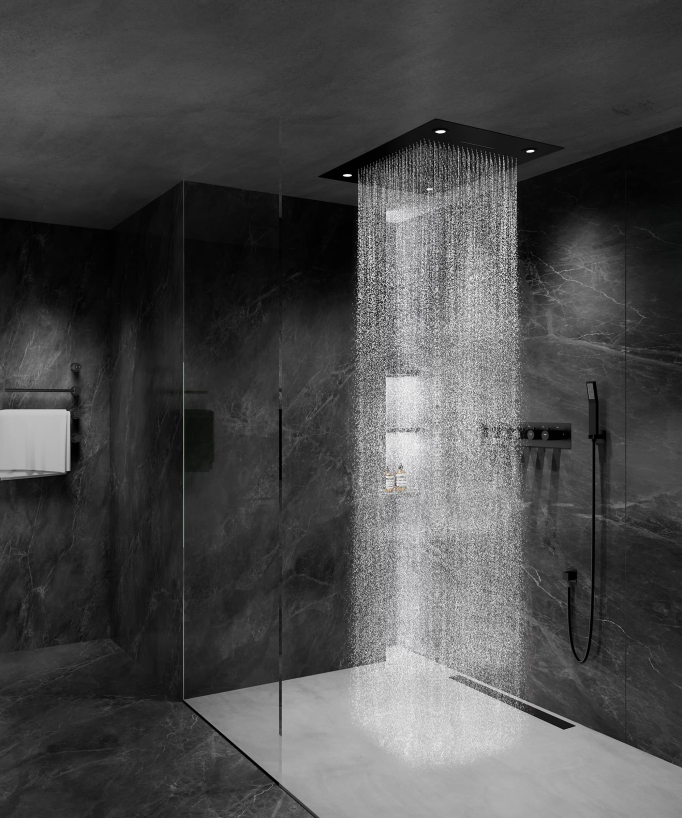 Pannello doccia termostatico con soffione a LED 800x600 mm - Nero