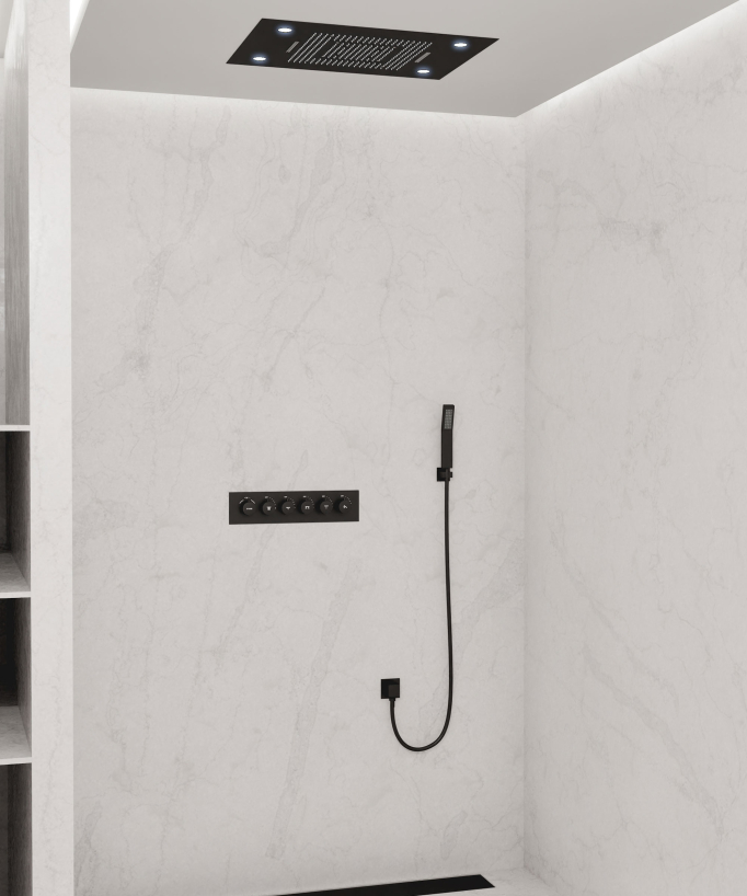 Pannello doccia termostatico con soffione a LED 800x600 mm - Nero