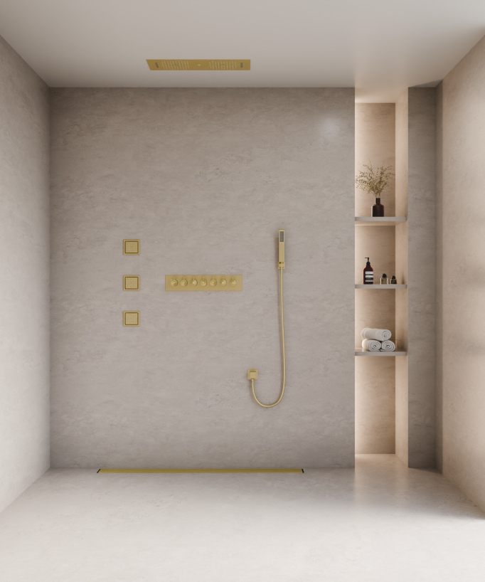 Pacchetto doccia termostatico con 3 getti LED Oro spazzolato - 900x300 mm