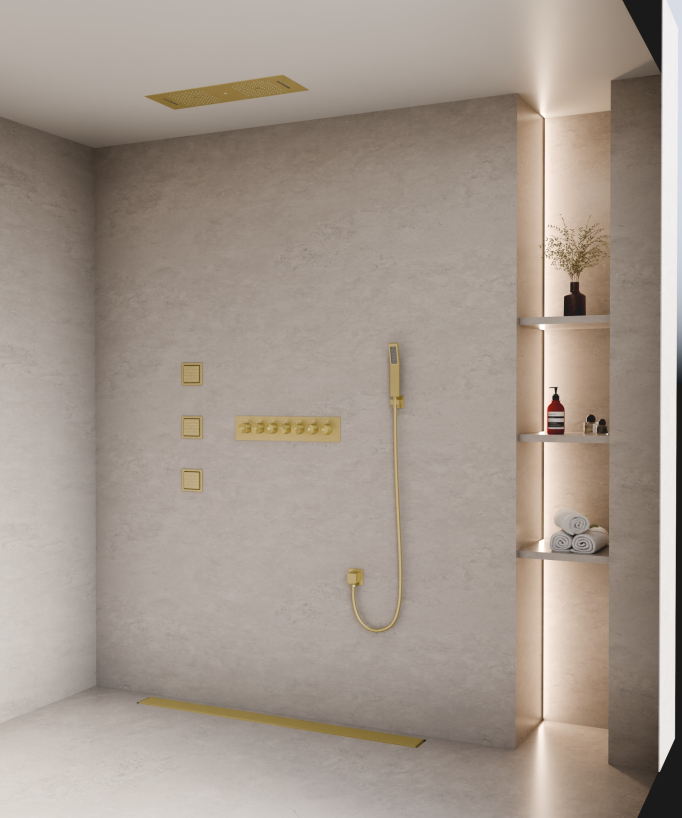 Pacchetto doccia termostatico con 3 getti LED Oro spazzolato - 900x300 mm