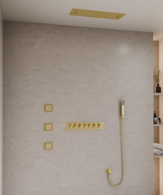 Pacchetto doccia termostatico con 3 getti LED Oro spazzolato - 900x300 mm