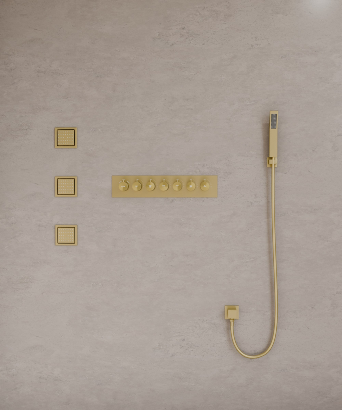 Pacchetto doccia termostatico con 3 getti LED Oro spazzolato - 900x300 mm