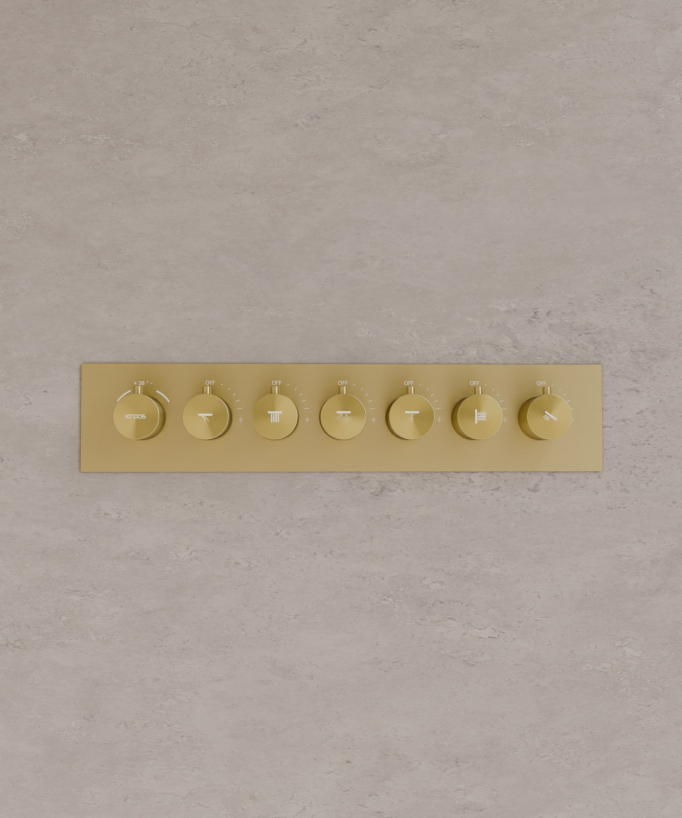 Pacchetto doccia termostatico con 3 getti LED Oro spazzolato - 900x300 mm