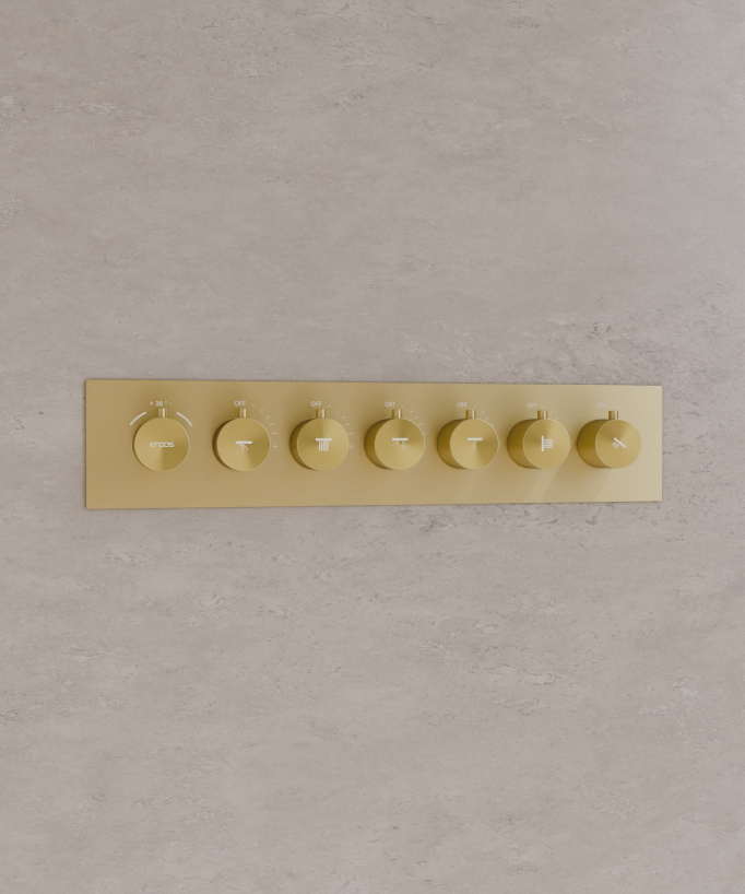 Pacchetto doccia termostatico con 3 getti LED Oro spazzolato - 900x300 mm