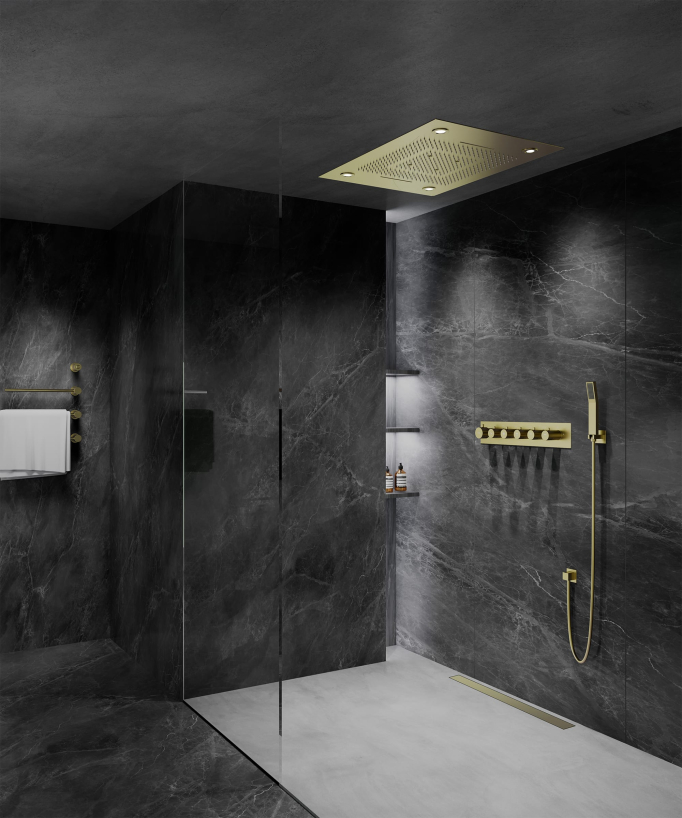 Pannello doccia termostatico con soffione LED 800x600 mm - Oro spazzolato