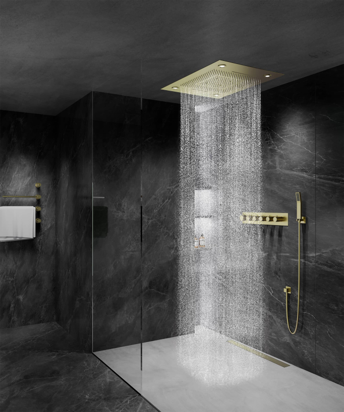 Pannello doccia termostatico con soffione LED 800x600 mm - Oro spazzolato