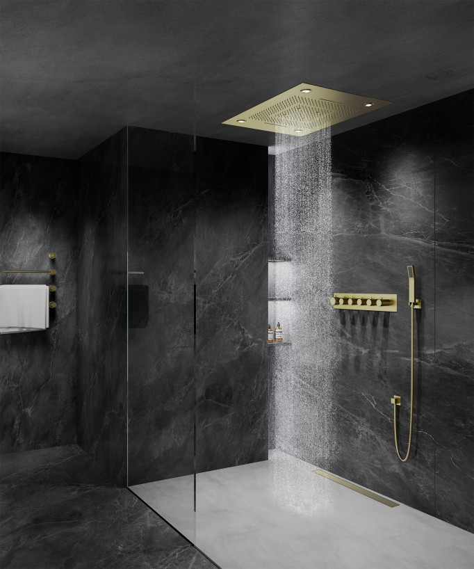 Pannello doccia termostatico con soffione LED 800x600 mm - Oro spazzolato