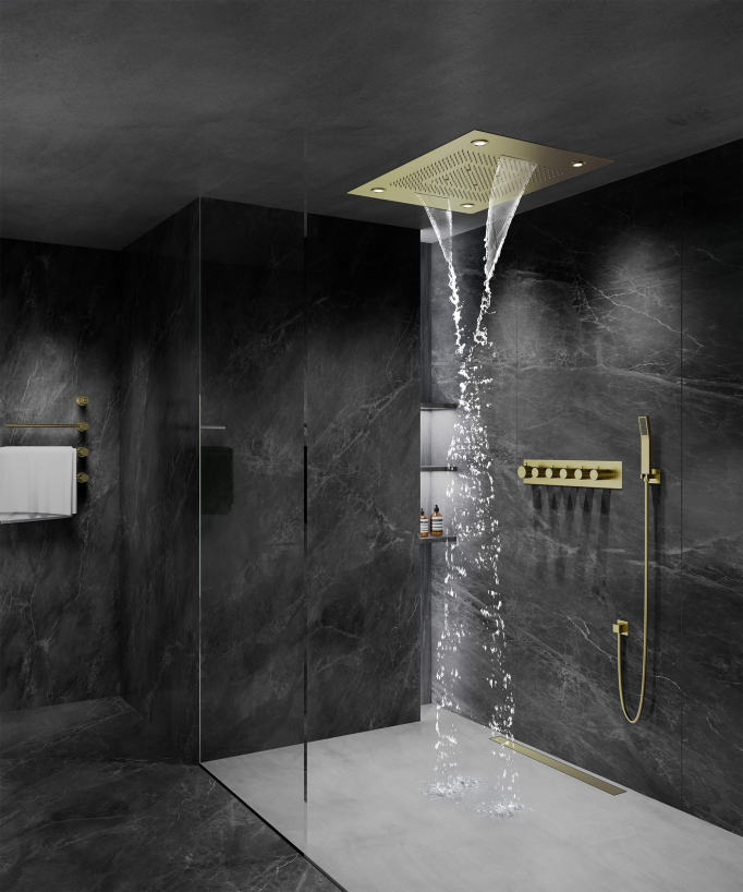 Pannello doccia termostatico con soffione LED 800x600 mm - Oro spazzolato