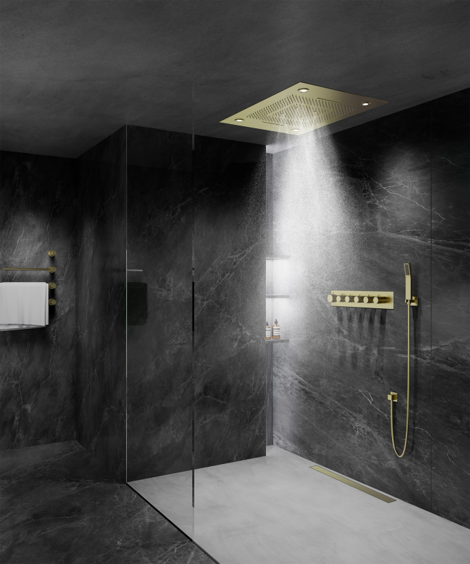 Pannello doccia termostatico con soffione LED 800x600 mm - Oro spazzolato