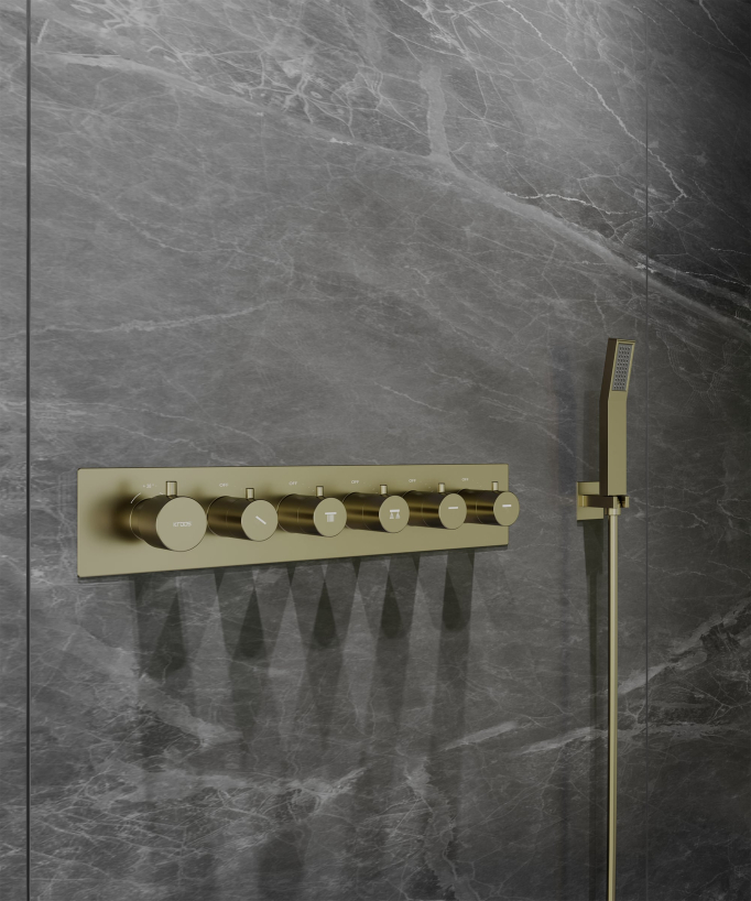 Pannello doccia termostatico con soffione LED 800x600 mm - Oro spazzolato