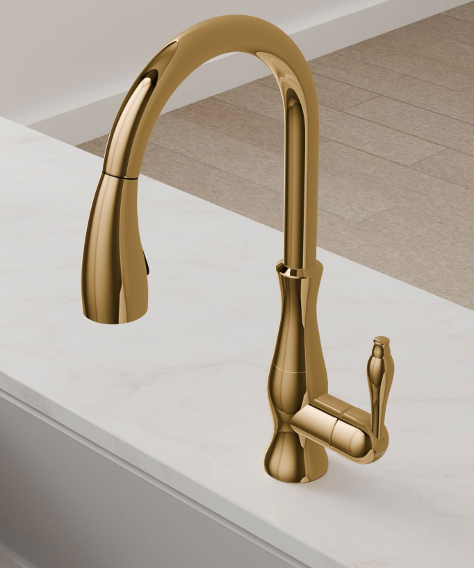 Miscelatore cucina moderno con doccetta e tubo estraibile - dorato