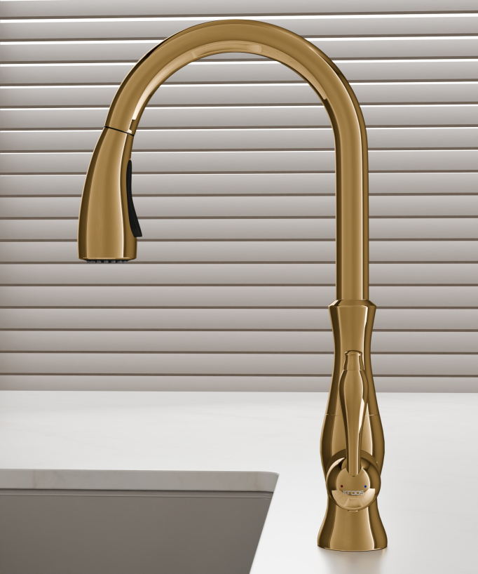 Miscelatore cucina moderno con doccetta e tubo estraibile - dorato