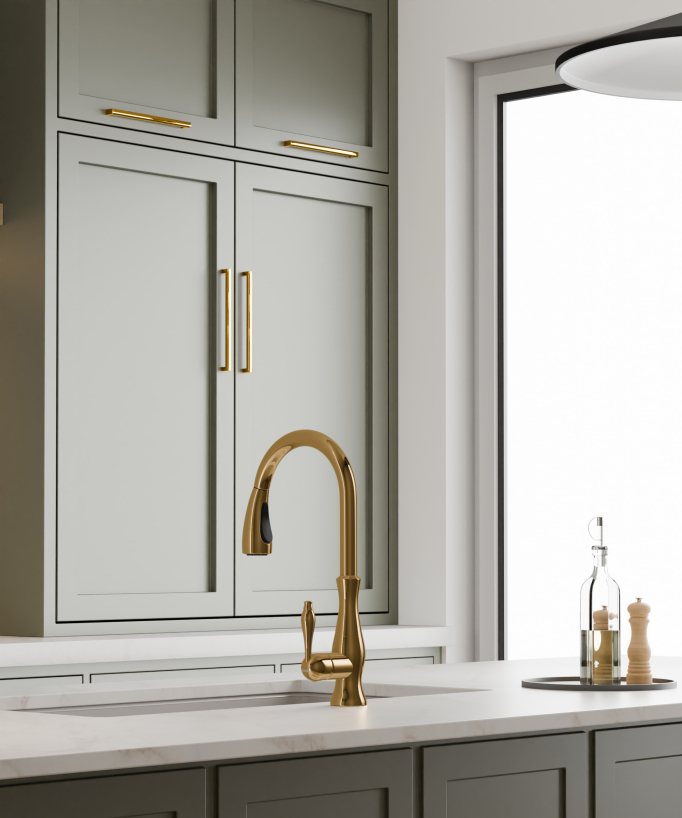 Miscelatore cucina moderno con doccetta e tubo estraibile - dorato