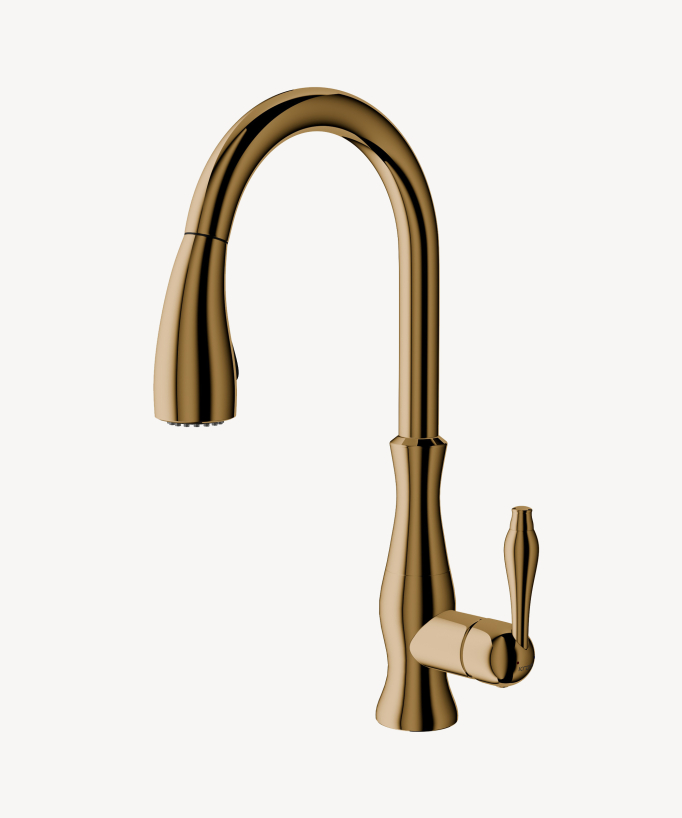 Miscelatore cucina moderno con doccetta e tubo estraibile - dorato