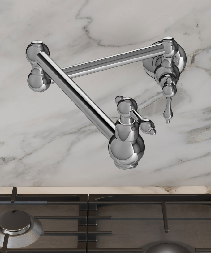 Rubinetto cucina retrattile a parete a due maniglie con doppio snodo girevole - acqua fredda - cromato