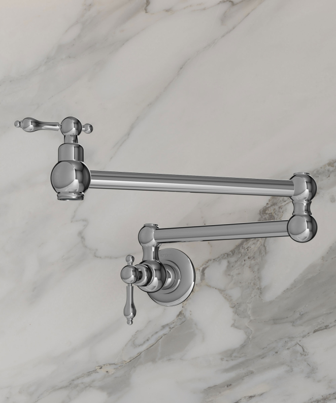 Rubinetto cucina retrattile a parete a due maniglie con doppio snodo girevole - acqua fredda - cromato