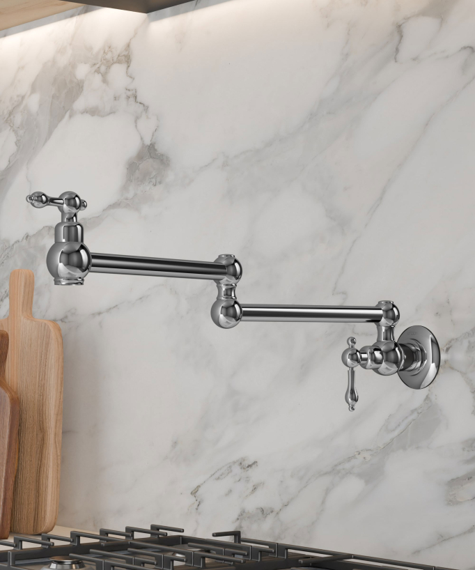 Rubinetto cucina retrattile a parete a due maniglie con doppio snodo girevole - acqua fredda - cromato