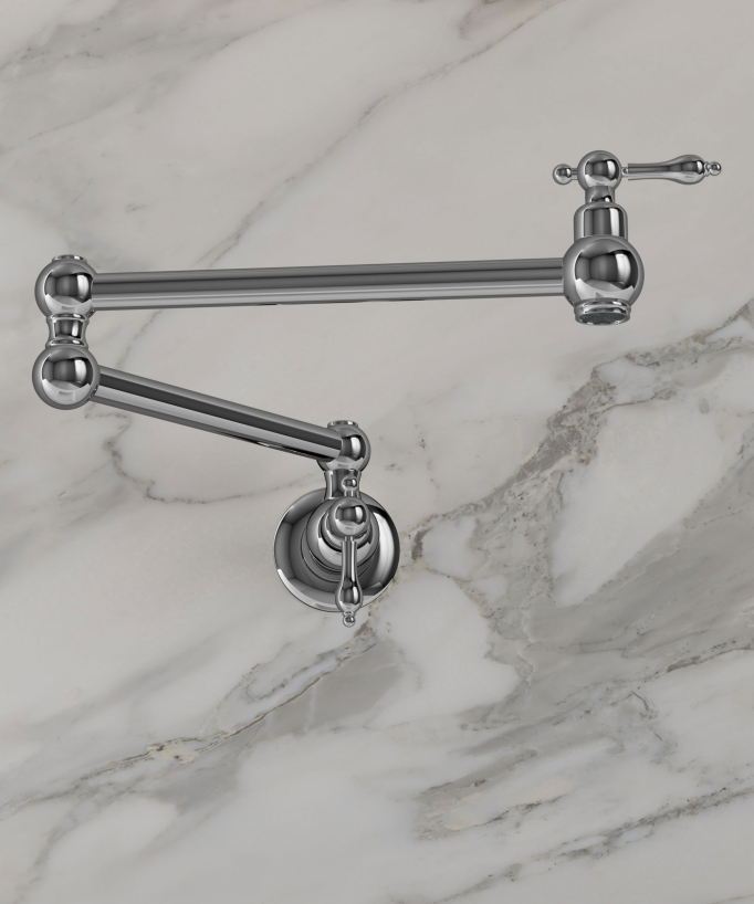 Rubinetto cucina retrattile a parete a due maniglie con doppio snodo girevole - acqua fredda - cromato