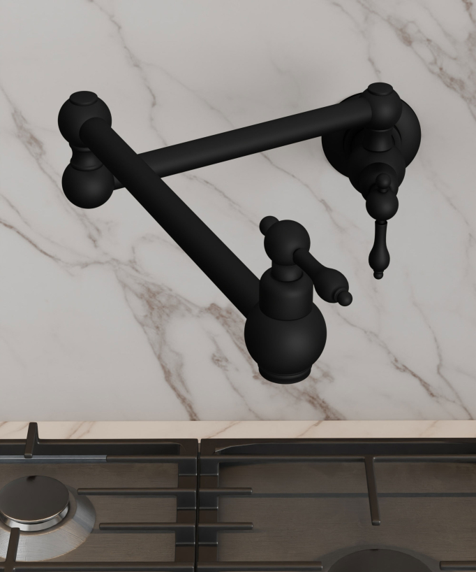 Rubinetto cucina retrattile a parete a due maniglie con doppio snodo girevole - acqua fredda - nero