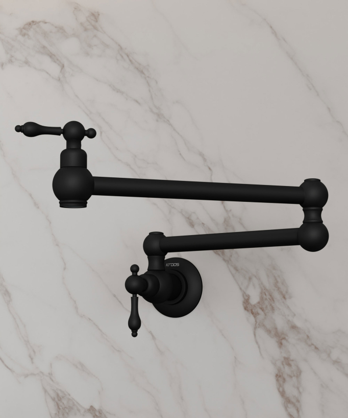 Rubinetto cucina retrattile a parete a due maniglie con doppio snodo girevole - acqua fredda - nero