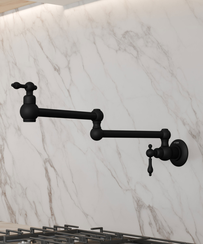 Rubinetto cucina retrattile a parete a due maniglie con doppio snodo girevole - acqua fredda - nero