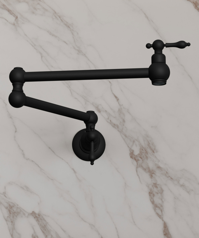 Rubinetto cucina retrattile a parete a due maniglie con doppio snodo girevole - acqua fredda - nero