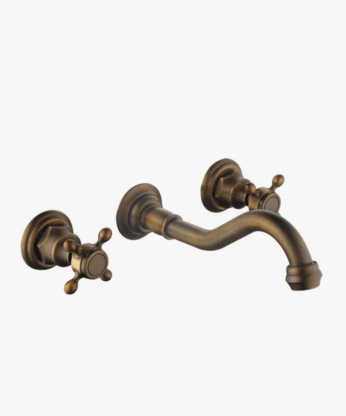 robinet de lavabo mélangeur mural couleur bronze avec poignées en forme de croisillons