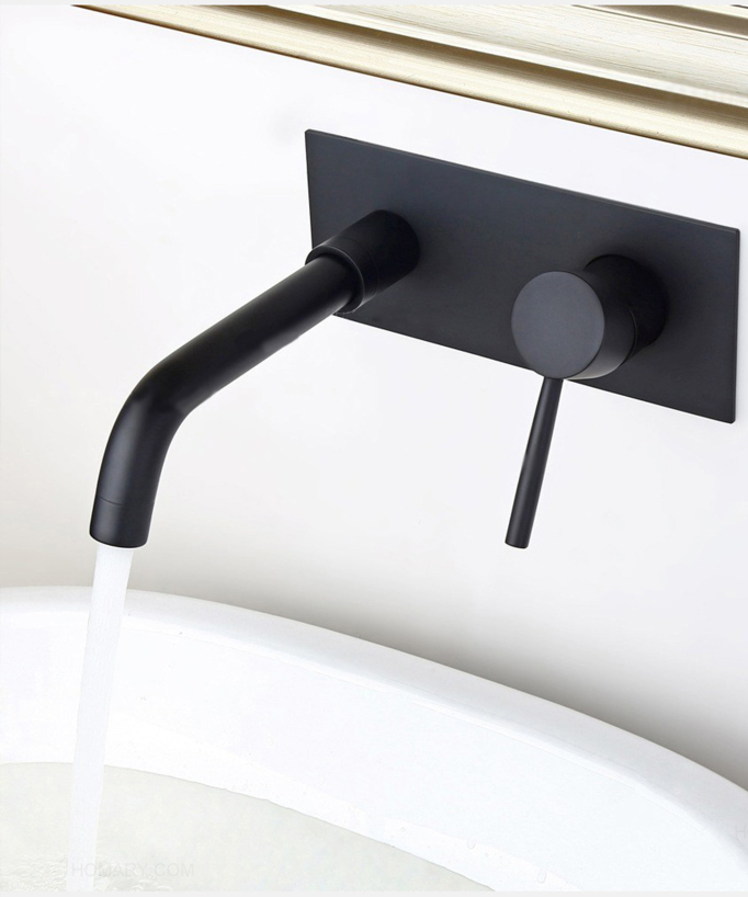 Rubinetto lavabo moderno a parete con maniglia singola in nero solido