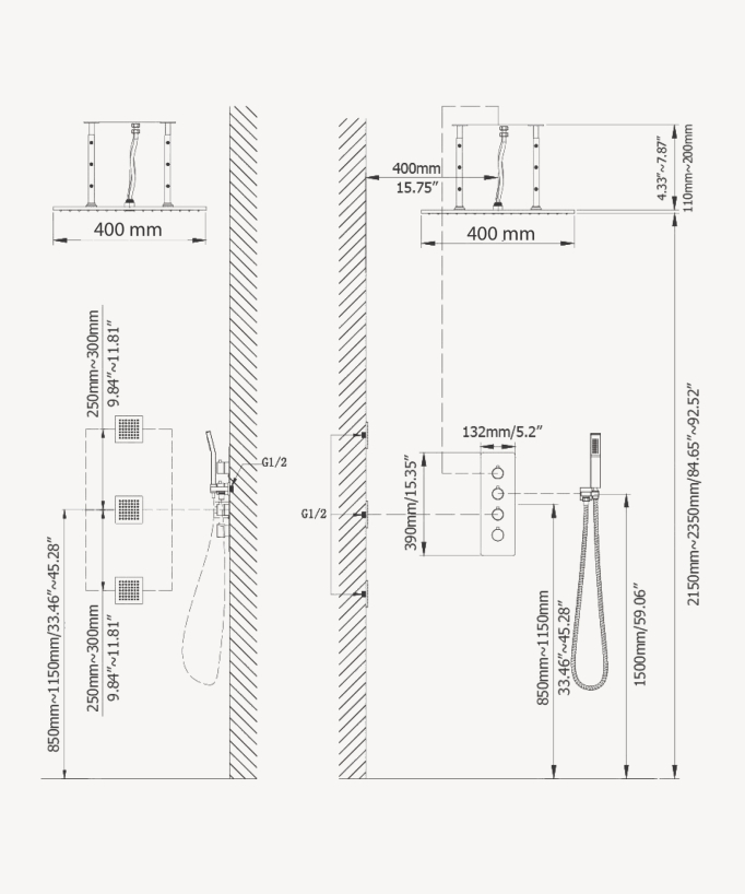 Gruppo doccia a incasso a soffitto standard 500 mm - Nero