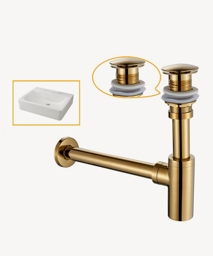 Sifone lavabo cilindrico con piletta troppo pieno in ottone Dorato - small