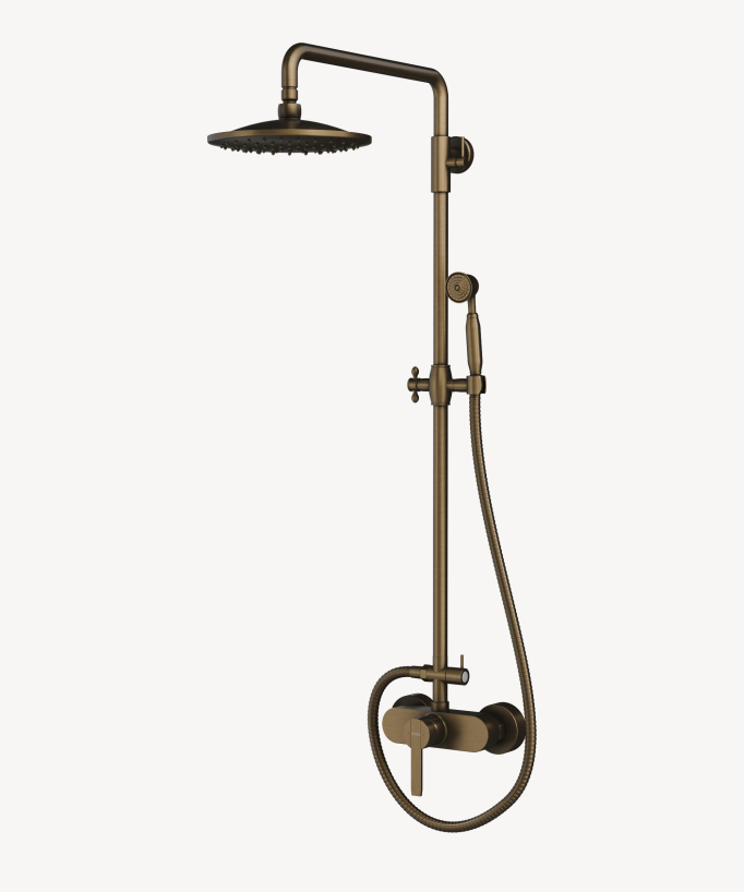 Colonne de douche laiton antique avec pomme de douche 200 mm etdouchette à main et mitigeur mécanique 