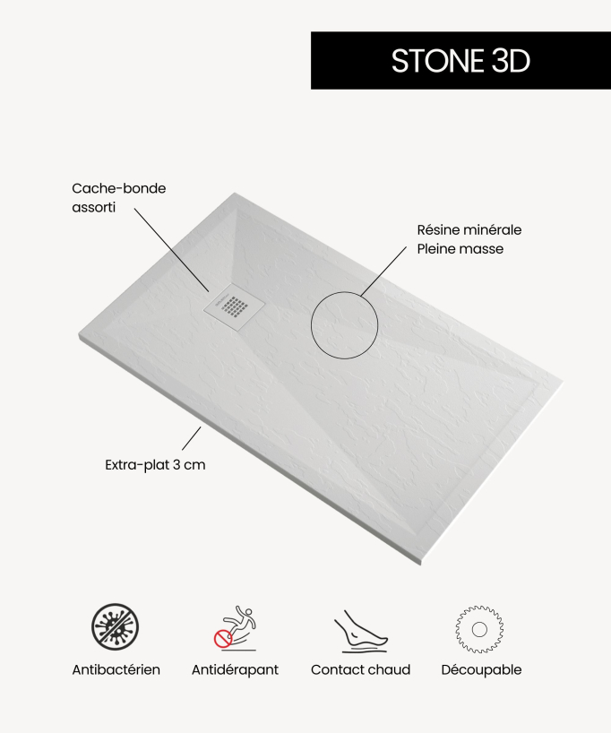 Receveur de douche Marbre Veiné, finition Lisse Stone 3D, grille de couleur