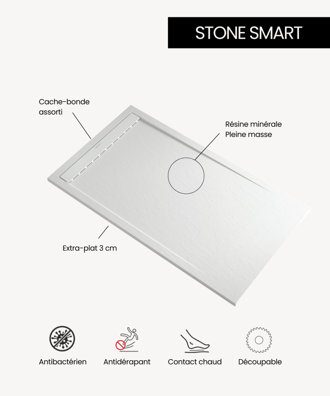 Piatto doccia Moka, finitura Ardesia Stone SMART, griglia colorata