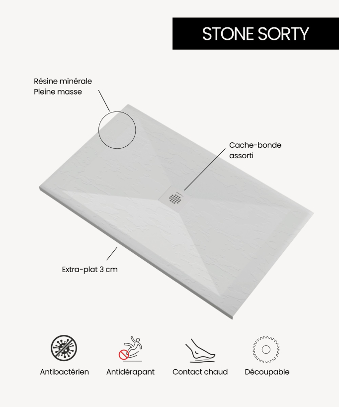 Receveur de douche Noir, finition ardoise Stone SORTY, grille de couleur