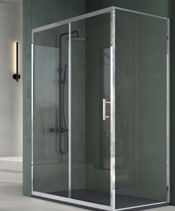 Paroi de douche avec porte coulissante et paroi latéral Chromé, Série Low - 140 x 90 cm