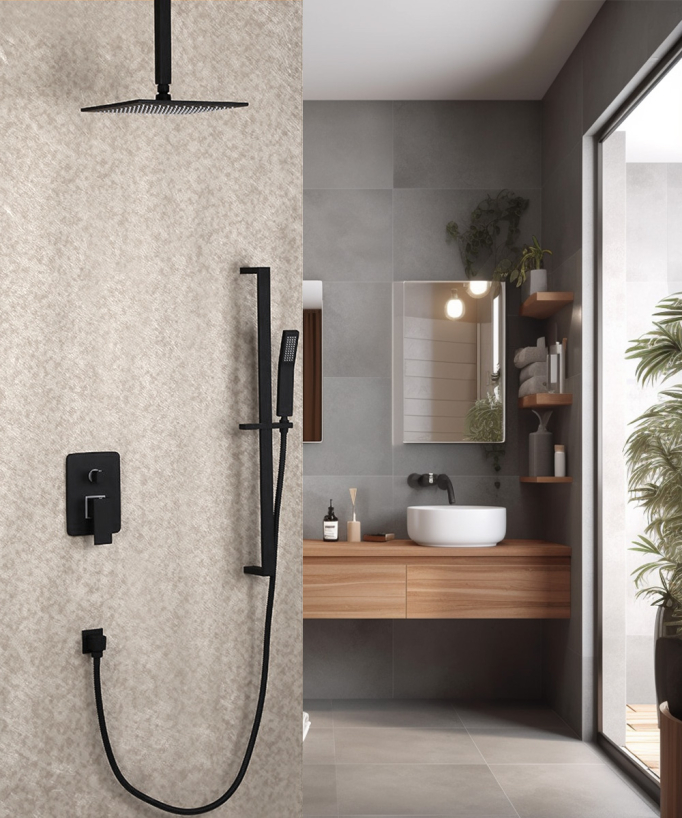 Soffione a soffitto e doccetta scorrevole in nero 250 mm