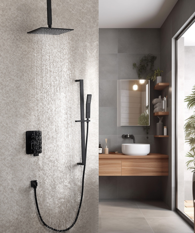 Soffione a soffitto e doccetta scorrevole in nero 250 mm