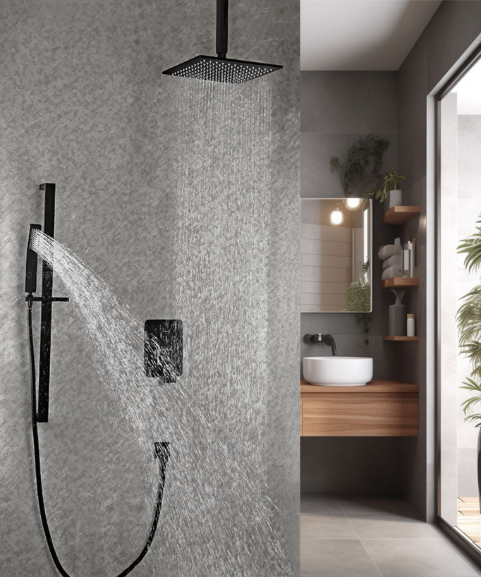Soffione a soffitto e doccetta scorrevole in nero 250 mm